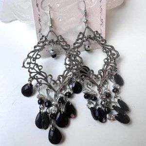 Boho Black Silver Dangle Earrings
